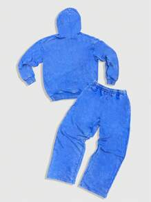 ROMWE MEN Prep Men's Autumn Letter & Pentagram Print Drawstring Hoodie And Pants Casual 2pcs Set - Blue - View 2
