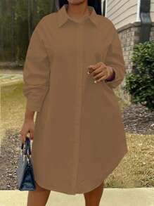 Maweii Đầm tay dài cài nút phía trước màu trơn cỡ lớn, mùa thu - Màu Khaki - Xem 3