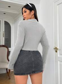 SHEIN EZwear Áo thun nữ tay dài cổ đứng cỡ lớn, thiết kế đơn giản, mùa thu - Xám - Xem 2