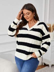 SHEIN VCAY Suéter holgado casual de cuello en V con estampado de rayas y contraste de color tallas grandes