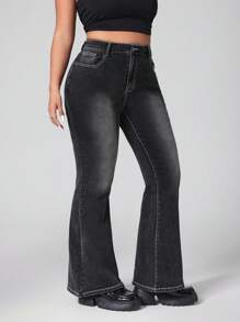 SHEIN ICON 大码图案刺绣口袋休闲喇叭牛仔裤