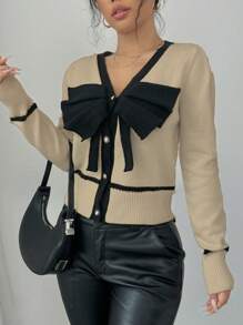 Elenzga 女士蝴蝶结装饰单排扣休闲开衫，秋冬 - 卡其色 - 查看 5