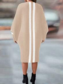 SHEIN LUNE Plus Size Women Striped Round Neck Batwing Sleeve Loose Long Sweater Dress For Autumn/Winter - Khaki - View 2