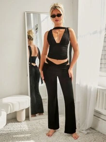 SHEIN ICON Conjunto de dos piezas para mujer de top corto ajustado de unicolor plisado y pantalones de cintura alta negro - Conjunto de 2 piezas para fiesta y vacaciones