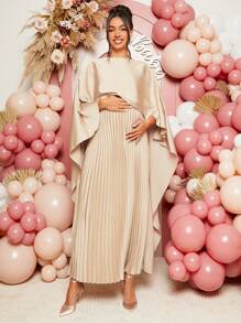 Loomaby Maternity Solid Color Round Neck Pleated Shawl Collar Dress, For Baby Shower Party - Khaki - View 4