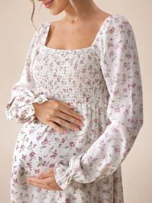SHEIN 奶油色花朵褶饰长袖孕妇装（秋季） - 杏色 - 查看 6