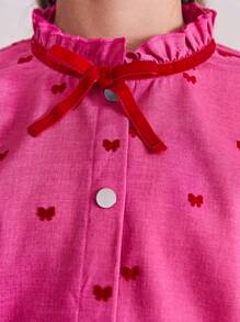 SHEIN 少女圣诞假日派对粉色蝴蝶结印花荷叶边领长袖可爱衬衫，秋冬季 - 粉色 - 查看 3