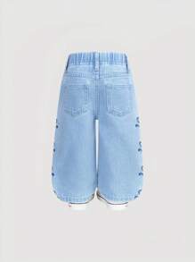 SHEIN 女宝宝时尚休闲蝴蝶结刺绣洗水牛仔直筒裤 - 中等水洗藍 - 查看 2