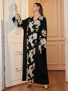 Al Najma 1 pieza Vestido elegante de manga larga estilo tunicJalabiya para mujer, con bordado de encaje elegante y modesto, para uso casual diario