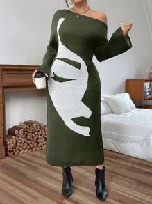 Calvaya Plus Size Casual Elegant Portrait Graphic Flare Sleeve Asymmetrical Shoulder Sweater Dress, Autumn/Winter - Olive Green - View 5