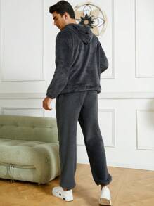 Manfinity Dauomo 2pcs Men Flannel Warm Sweatsuit Set, Autumn/Winter - Dark Grey - View 2