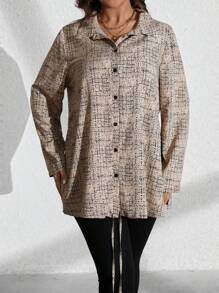 SHEIN Unity Plus Size Women's Autumn Tie-Dye Print Long Sleeve Waist Crossed Casual Shirt - Khaki - View 4