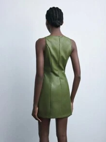 Maija Nuevo vestido mini urbano y elegante para mujer de otoño/invierno, con tirantes de PU, decoración de strass, de color verde musgo, para uso casual diario