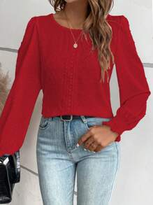 EMERY ROSE Áo cánh dài tay cổ tròn trơn cho nữ, mặc hàng ngày cho quần áo năm mới - Đỏ - Xem 5