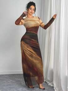 Rafferiza Autumn Elegant Tie Dye Tie Dye Ruched Form-Fitting Extra Long Dress Maxi Women Outfit Fall Cloth For Women - Ginger - View 7