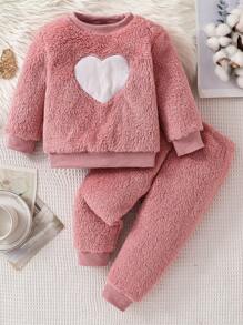 2pcs Baby Girl Pink & White Heart Plush Long Sleeve Top & Pants Comfortable Warm Loungewear Set - Pink - View 1