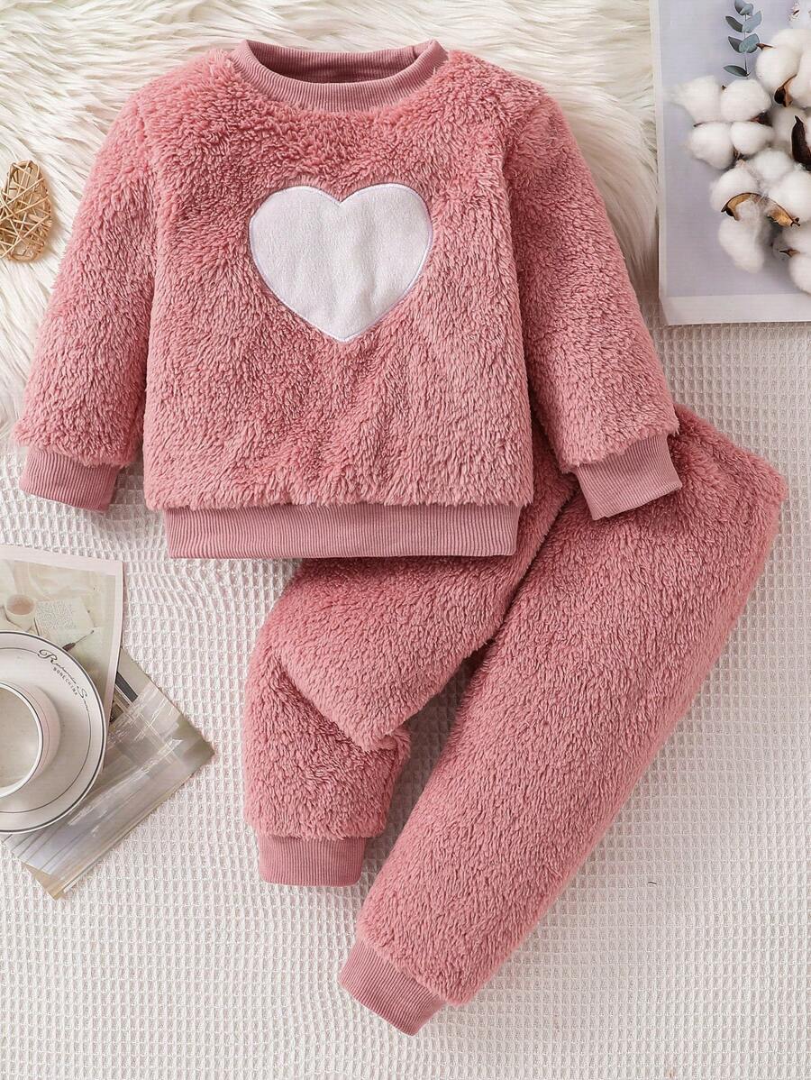 2pcs Baby Girl Pink & White Heart Plush Long Sleeve Top & Pants Comfortable Warm Loungewear Set - Pink - View 1