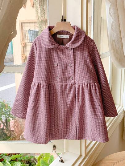 Blossori Young Girls' French Elegant Burgundy Plaid Fitted Waist A-Line Double Breasted Coat, Autumn/Winter