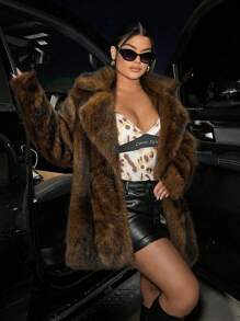 SHEIN SXY Lapel Neck Long Sleeve Open Front Fuzzy Coat For Winter