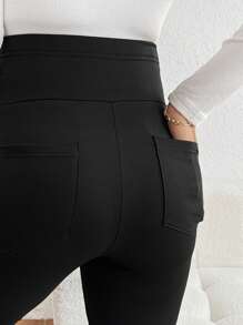 SHEIN Maternity Casual Solid Color High Waist Slim Fit Flare Leg Pants - Black - View 7