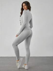 SHEIN Tall Conjunto Esportivo Preto de Duas Peças, Jaqueta com Zíper e Leggings - Cinza Claro - Visão 2