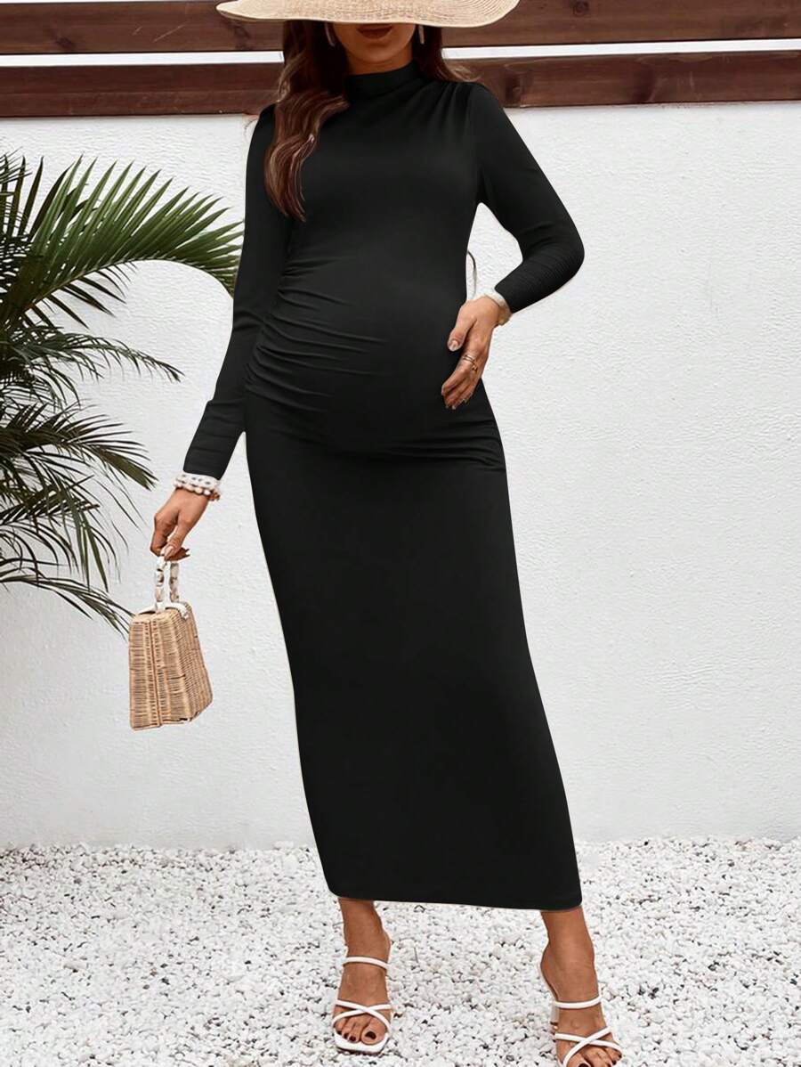 SHEIN Maternity Daily Casual Stand Collar Slim Fit Long Photoshoot Dress, Autumn Dress, Teacher Outfit - Black - View 1