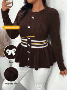 Calvaya Plus Size Crew Neck Long Sleeve Contrast Stripe Bow Decor Casual Sweater, For Winter Knit Pullover Fall - Coffee Brown - View 1