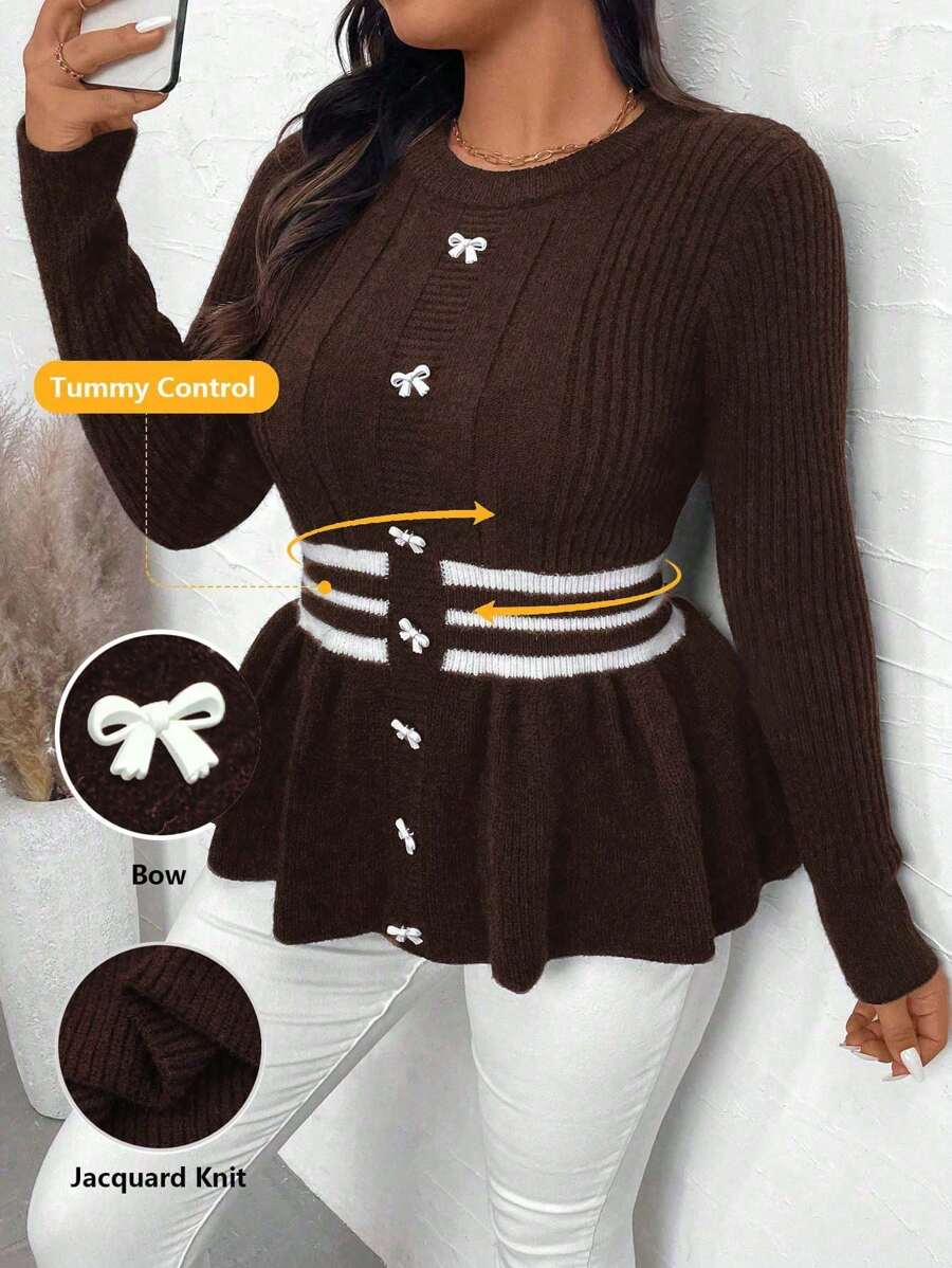 Calvaya Plus Size Crew Neck Long Sleeve Contrast Stripe Bow Decor Casual Sweater, For Winter Knit Pullover Fall - Coffee Brown - View 1