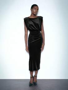 Maija 新品圣诞派对节日优雅都市时尚女士长款天鹅绒腰带连衣裙，无袖，红色，秋冬 - 黑色 - 查看 4