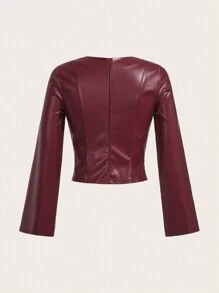 SHEIN MOD 1 件女式纯色 PU 面料修身喇叭长袖休闲衬衫