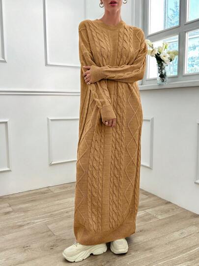 SHEIN Solid Color Round Neck Twist Knitted Casual Versatile Long Sleeve Sweater Dress