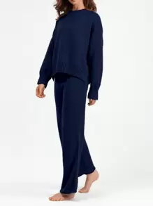 Franclia 2pcs/Set Casual Solid Color Crew Neck Long Sleeve Sweater Top And Pants Fall Winter Cloth For Women - Navy Blue - View 3
