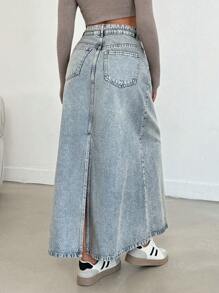 SHEIN Cottnline Low Waist Tinted Front Slit Denim Skirt - Medium Wash - View 2