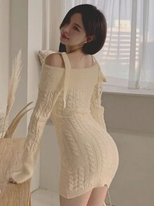 DAZY Women Fluffy Off Shoulder Strap Long Sleeve Bodycon Sweater Dress, Warm And Cozy