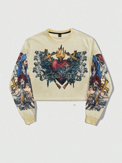 ROMWE Avant Men's Cross Pattern Crew Neck Long Sleeve Casual Pullover Sweatshirt, Autumn/Winter