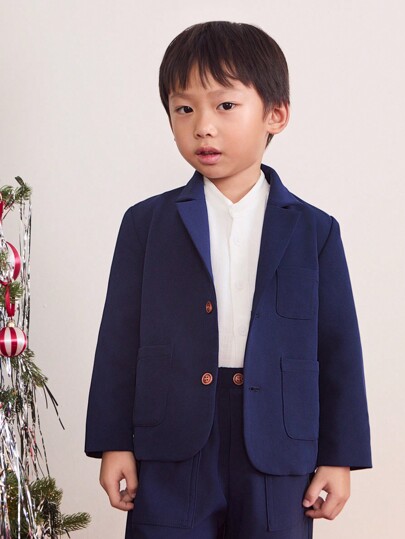 SHEIN Blazer casual de manga larga con botones delanteros, solapa simple para niño, uso diario, para Navidad y Año Nuevo
