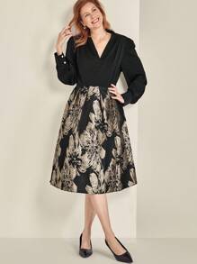 SHEIN Clasi Women Casual Elegant V-Neck Solid Color Patchwork Hemline Jacquard Plus Size Knee-Length Dress, Autumn - Black - View 6