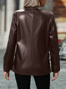 SHEIN Clasi Áo khoác da PU dài tay đơn sắc cài nút cho nữ - màu nâu - Xem 2