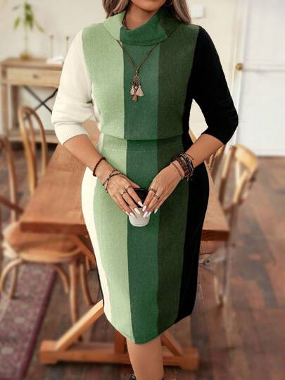 Calvaya Plus Size Autumn/Winter Casual Contrast Striped Fitted Sweater Dress