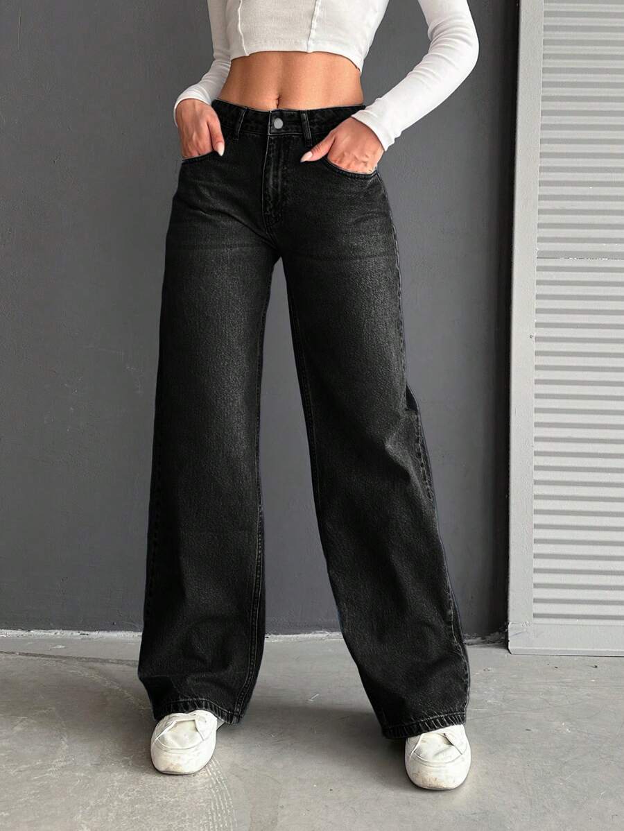 Cottnline Low Waist Wide Leg Medium Wash - Black - View 1