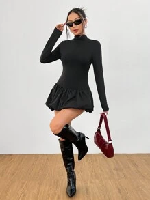 SHEIN PETITE Váy xòe tay dài ôm cổ cao cho nữ Váy xòe đèn lồng phù hợp cho mùa thu đông - màu đen - Xem 5