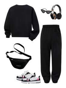 SHEIN Tween Girls' Casual Sporty Knit Crew Neck Sweatshirt Set - Black - View 2