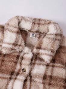 青少年女孩时尚简约格子毛绒长袖夹克和吊带喇叭裤 2 件套 - 卡其色 - 查看 7