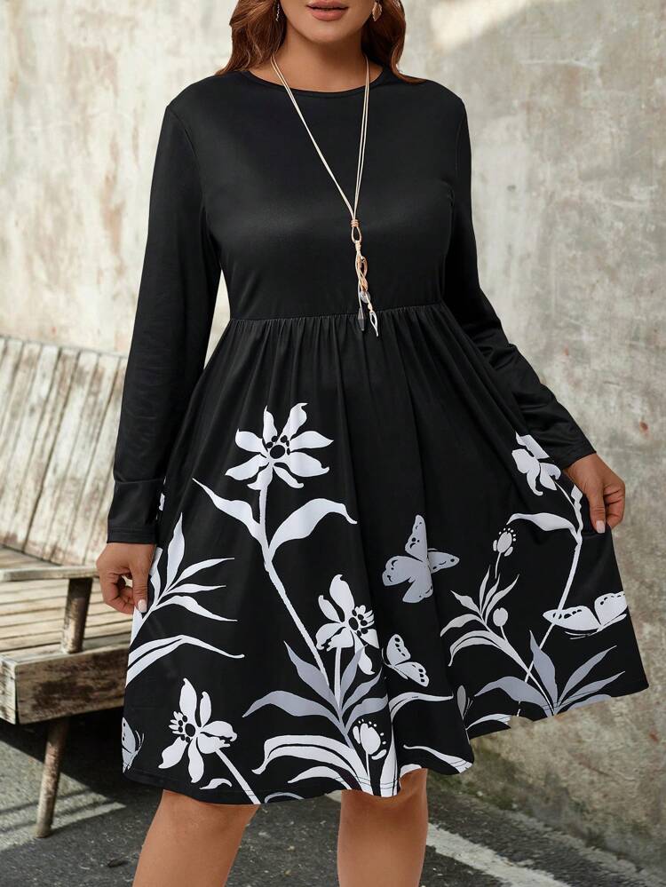 Plus Size Winter Women's Long Sleeve Solid Color Crew Neck Long Sleeve Top And Floral Print Pocket Pleated Skirt