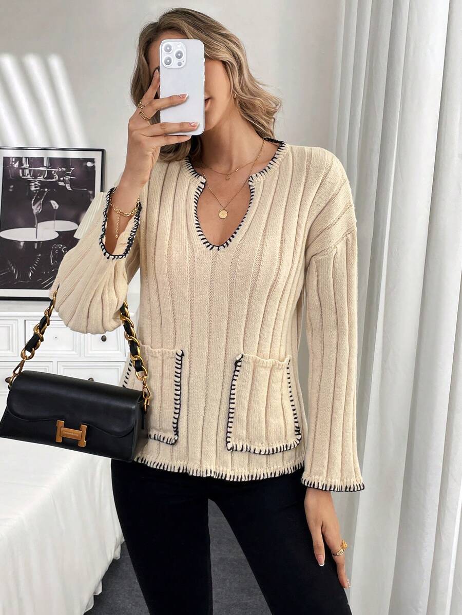 Chiquease Kontrast-Farbener Pullover mit stilvollem Design, lässiger, entspannter Strickpullover für Herbst und Winter - Aprikosenfarben - Übersicht 1