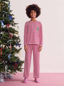 SHEIN 2pcs Tween Boy Christmas & New Year Casual Outfit - Red, Christmas Tree & Striped Pattern Crew Neck Long Sleeve Top & Pants Set, Autumn/Winter - Red - View 1
