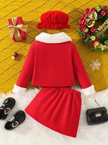 Conjunto de 3 piezas para niña: Chaqueta holgada casual, dulce y linda con cuello Peter Pan, diseño de lazo y contraste de color esponjoso, boina y minifalda, adecuado para uso diario, viajes, reuniones festivas, otoño/invierno, para Navidad