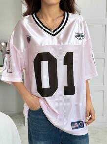 SHEIN EZwear Camiseta de manga corta suelta casual deportiva con de color, estampado digital y hombros caídos - Rosa - Ver 4