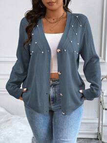 Vionelle Plus Size Bubble Knit Texture Cardigan, Suitable For Spring And Autumn, For Winter Fall Cloth For Women - Dusty Blue - View 6