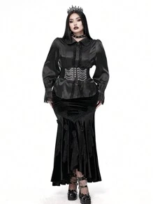 Whyspr 哥特朋克风格女式立领法式蕾丝边泡泡袖衬衫，黑色，收腰设计女式衬衫 - 黑色 - 查看 5